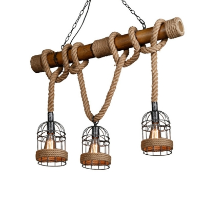 3 Bulbs Island Lighting Fixtures Beige with Birdcage Shade Pendant Chandelier