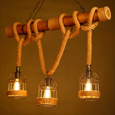 3 Bulbs Island Lighting Fixtures Beige with Birdcage Shade Pendant Chandelier