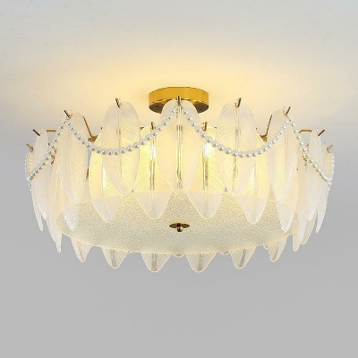 8-Light Semi Flush Light Fixtures Traditional Style Feather Shape Metal Ceiling Mount Chandelier