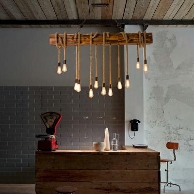 Wood Linear Island Lighting Industrial Restaurant Hemp Rope Hanging Light with Imitation Plant Decor