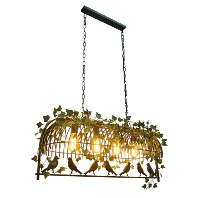 Island Light Retro Metal Bird Cage Hanging Lamp for Restaurant with Plant