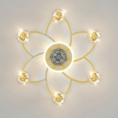 7-Light Fan Lighting Glass Shade Contemporary Flush Mount Ceiling Fan in Gold