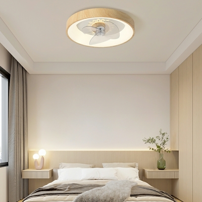 Round Shape Hanging Fan Lamp Iron Nordic LED Wood Grain Flush Ceiling Light