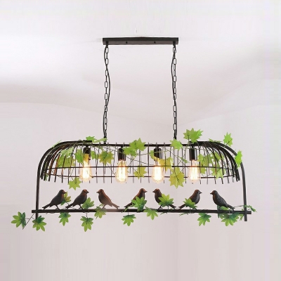 Metal Island Light Retro 4 Lights Cage Chandelier with Bird and Plant Decoration