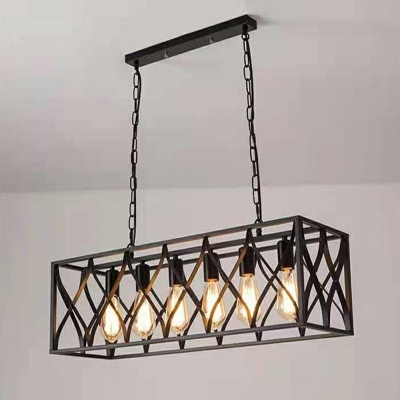 Trellis Cage Island Light Fixture Vintage Iron Rectangular Linear Pendant Light for Kitchen