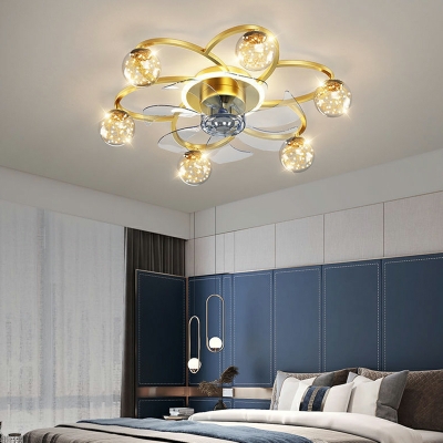 7-Light Fan Lighting Glass Shade Contemporary Flush Mount Ceiling Fan in Gold