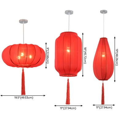 Chinese Style Lantern Shape Chandelier Red Fabric Hanging Light for Restaurant Hotel