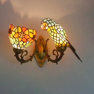 Double Parrot Wall Lamp Tiffany Retro Stained Glass 2 Bulbs Lighting Fixture