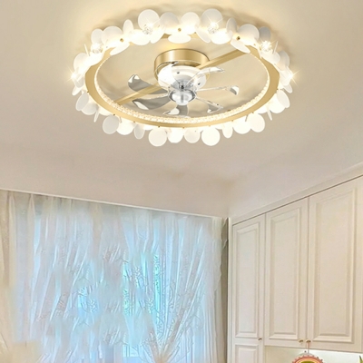Round Flower Petals Hanging Fan Lamp LED Crystal Flush Ceiling Light