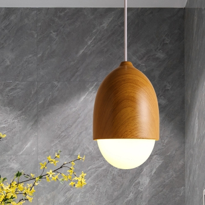Simple Style White Ceiling Pendant Nut Shape One Light Glass Wood Suspension Light for Study Room