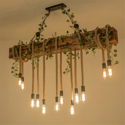 Wood Linear Island Lighting Industrial Restaurant Hemp Rope Hanging Light with Imitation Plant Decor