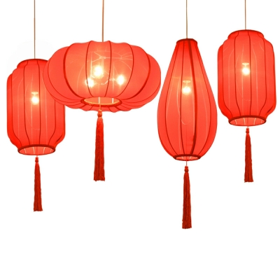 Chinese Style Lantern Shape Chandelier Red Fabric Hanging Light for Restaurant Hotel