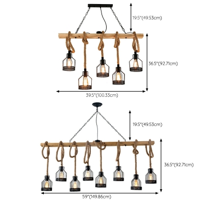 Black Island Ceiling Light Retro Metal Hemp Rope Hanging Lamp for Restaurant