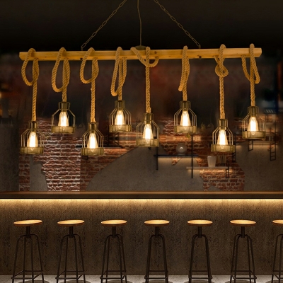 Black Island Ceiling Light Retro Metal Hemp Rope Hanging Lamp for Restaurant