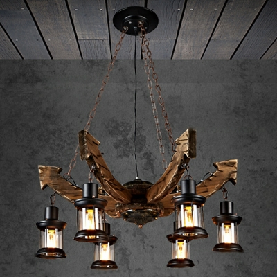 Industrial Style Boat Wood Chandelier Rustic Retro Wrought Iron Chandelier for Bar
