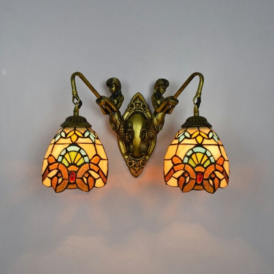 Classical Baroque Copper Finish Flower Bathroom Lighting Two Downward Shades Wall Sconce