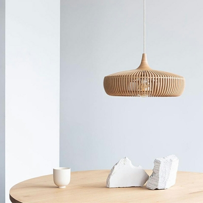 Drum Shape Hanging Pendant Light Single Bulb Wood Hanging Lamp