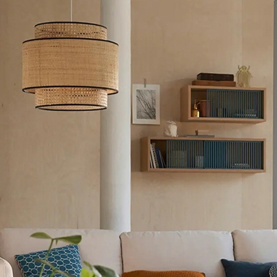 Modern Rattan Bamboo Weaving Chandelier Fabric Hanging Light for Living Room Dining Room