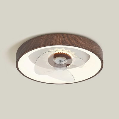 Round Shape Hanging Fan Lamp Iron Nordic LED Wood Grain Flush Ceiling Light