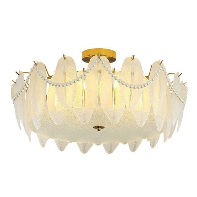 8-Light Semi Flush Light Fixtures Traditional Style Feather Shape Metal Ceiling Mount Chandelier