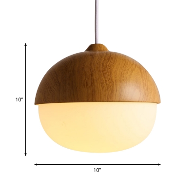 Simple Style White Ceiling Pendant Nut Shape One Light Glass Wood Suspension Light for Study Room