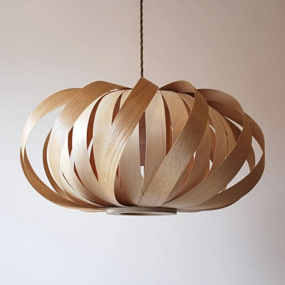 Drum Shape Hanging Light Fixture Wooden 1-Head Modern Farmhouse Pendant Lighting