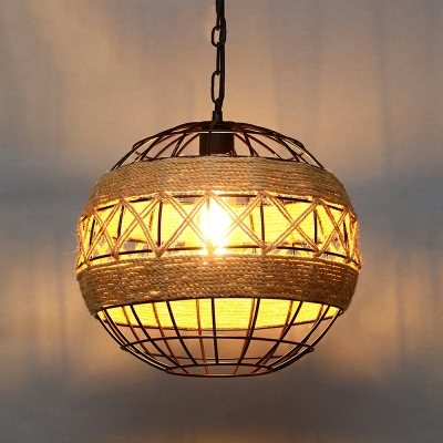 Industrial Metal Single Pendant Light Globe Shade with Hemp Rope