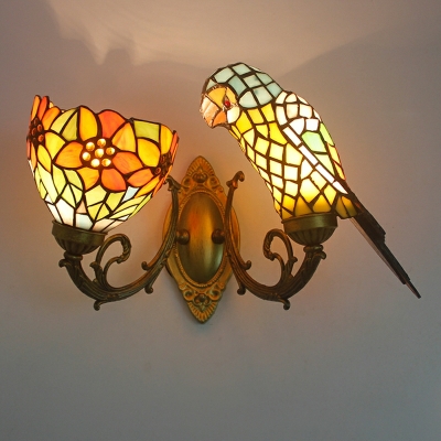 Parrot Wall Light Sconce Tiffany Victorian Stained Glass Double Heads Wall Light