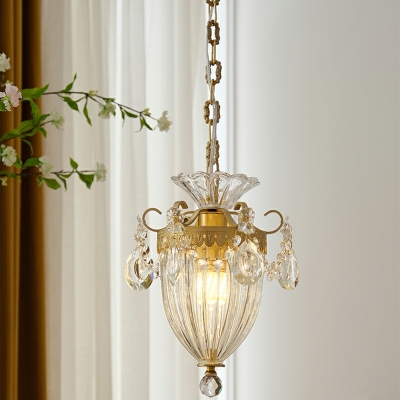Vintage Full Copper Carved Crystal Chandelier 1 Light Creative Chandelier for Dining Room