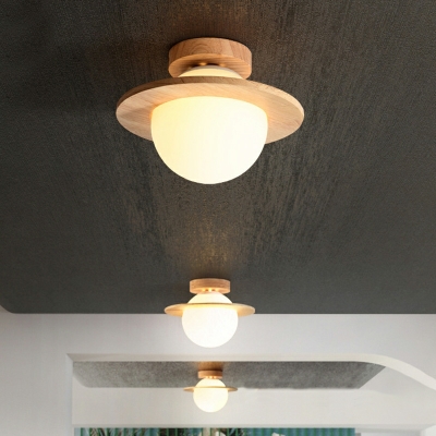 1 Light Flush Light Fixtures Minimalistic Style Globe Shape Wood Ceiling Mounted Lights