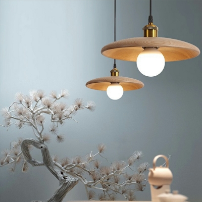 1 Light Hanging Ceiling Lights Modern Style Saucer Shape Wood Pendant Lighting