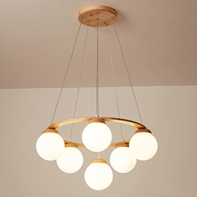 Japanese Style Wooden Chandelier Simple Glass Ball Chandelier for Living Room