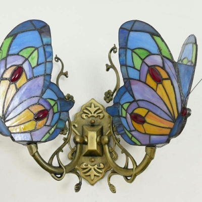 Stained Glass Butterfly Wall Light Tiffany Style 2 Heads Sconce Lighting