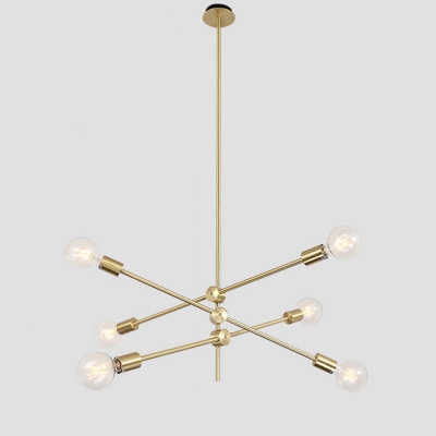 Minimalist Branching Hanging Light Metallic 6 Heads Parlor Chandelier with Adjustable Joint in Gold