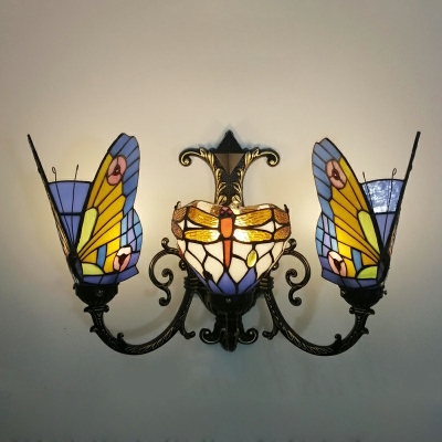 Stained Glass Butterfly Wall Light Tiffany Style 3 Heads Sconce Lighting