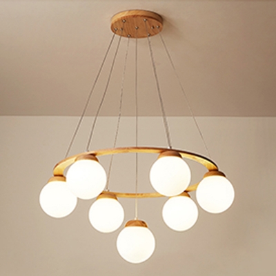 Japanese Style Wooden Chandelier Simple Glass Ball Chandelier for Living Room