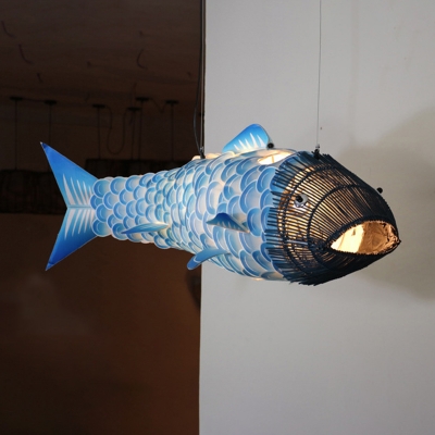 Blue Carp Fish Pendant Light Novelty Chinese Style 1-Light Metal Ceiling Suspension Lamp