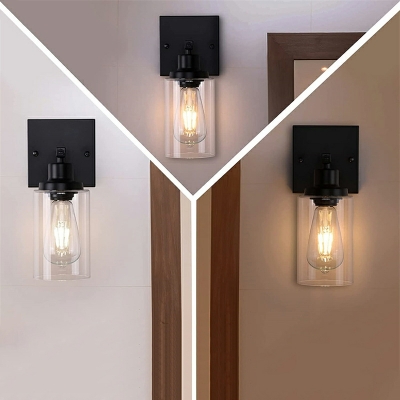 Cylinder Glass Shade Wall Light Industrial 1 Light Hallway Wall Sconce in Black