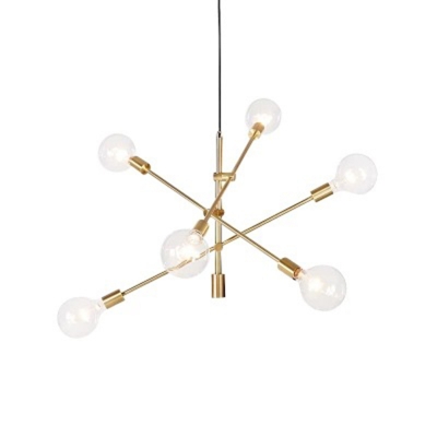 Minimalist Branching Hanging Light Metallic 6 Heads Parlor Chandelier with Adjustable Joint in Gold
