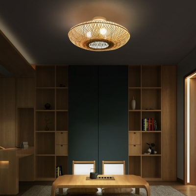 3 Light Close To Ceiling Fixtures Asian Style Saucer Shape Rattan Flushmount Lighting