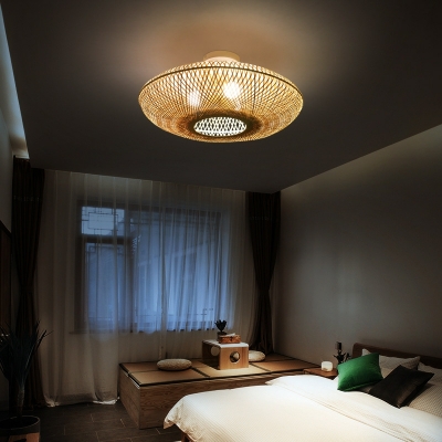 3 Light Close To Ceiling Fixtures Asian Style Saucer Shape Rattan Flushmount Lighting
