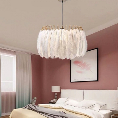 Contemporary Drum Chandelier Lighting Fixtures Feather for Living Room