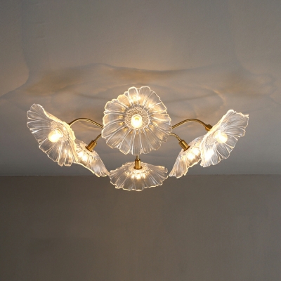 Modern Retro Copper Ceiling Lamp 5/6 Bulb Lotus Leaf Glass Ceiling Lamp for Living Room