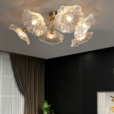 Modern Retro Copper Ceiling Lamp 5/6 Bulb Lotus Leaf Glass Ceiling Lamp for Living Room