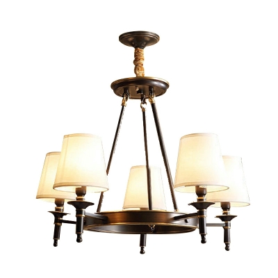 5 Lights Vintage Pure Copper Chandelier with Fabric Shades for Dining Room and Living Room
