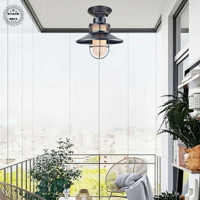 1 Light Ceiling Lamp Loft Style Cage Shape Metal Semi Flush Mount Lighting