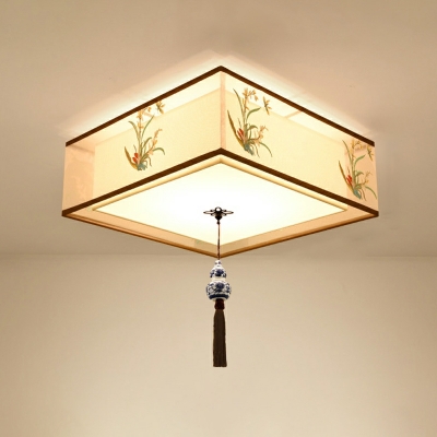 Chinese Style Fabric Flushmount Ceiling Light with Orchid Grass Print for Bedroom