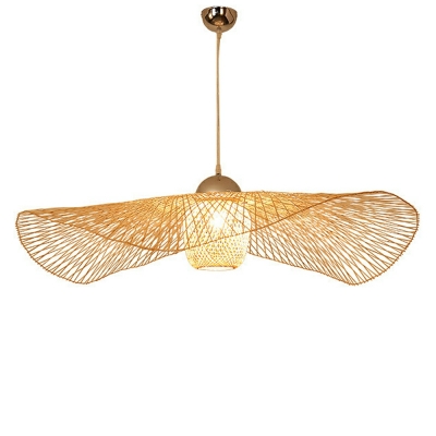 Beige Bamboo 1 Light Hanging Light Fixture with Round Shade for Canteen and Living Room