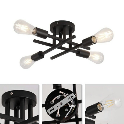 4 Lights Industrial Style Exposed Bulb Shape Metal Flush Ceiling Light