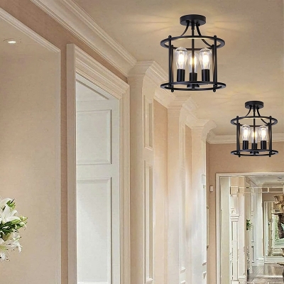 3 Lights Retro Wrought Iron Ceiling Light Fixture in Black for Balcony and Corridor